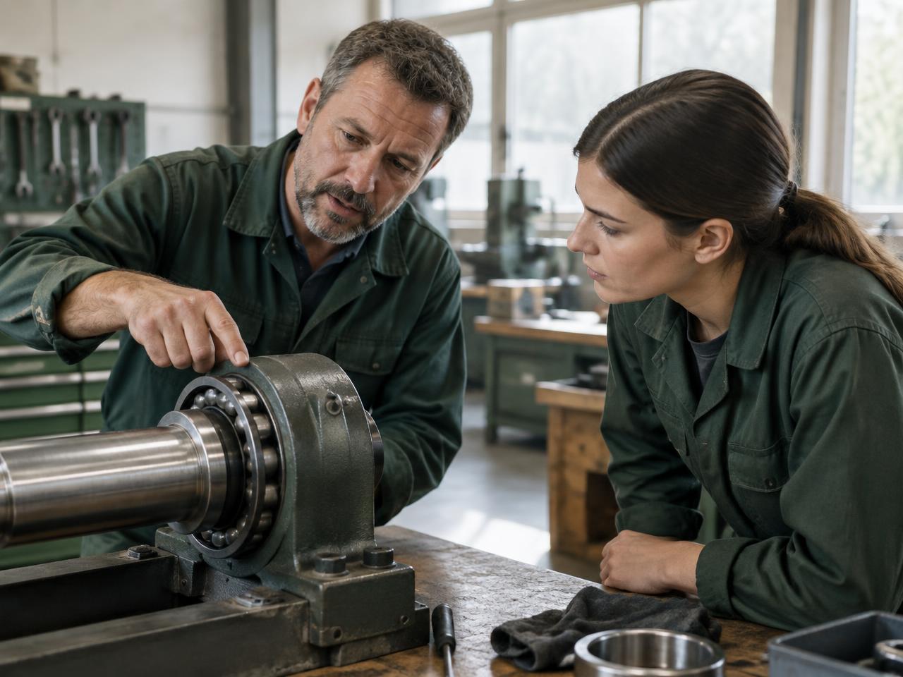 An experienced engineer sharing practical machine knowledge with a colleague